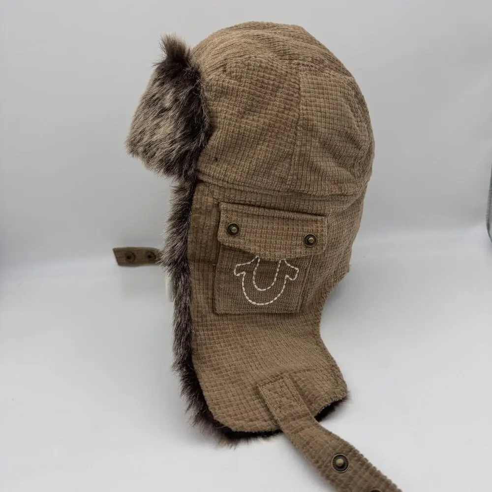 True Religion Trapper Hat Y2K Faux Fur Ear Flap Mens Brown Corduroy Winter Fall